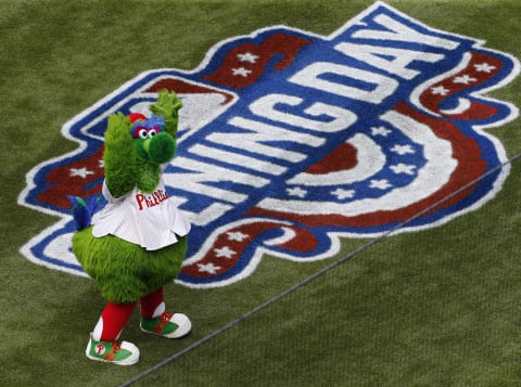 PHILADELPHIA, PENNSYLVANIA – APRIL 11: The Phillie Phanatic in action during opening day ceremonies before the start of an MLB game against the San Diego Padres and Philadelphia Phillies at Citizens Bank Park on April 11, 2016 in Philadelphia, Pennsylvania. (Photo by Rich Schultz/Getty Images)