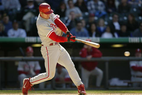 DENVER-APRIL 27 : Scott Rolen #17 of the Philadelphia Phillies hits against the Colorado Rockies during the game at Coors Field in Denver, Colorado on April 26. The Rockies won 8-6. (Photo by Brian Bahr/Getty Images)