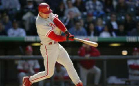 DENVER-APRIL 27 : Scott Rolen #17 of the Philadelphia Phillies hits against the Colorado Rockies during the game at Coors Field in Denver, Colorado on April 26. The Rockies won 8-6. (Photo by Brian Bahr/Getty Images)