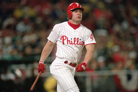 PHILADELPHIA – OCTOBER 19: Lenny Dykstra #4 of the Philadelphia Phillies bats during Game three of the 1993 World Series against the Toronto Blue Jays at Veterans Stadium on October 19, 1993 in Philadelphia, Pennsylvania. The Blue Jays defeated the Phillies 10-3. (Photo by Rick Stewart/Getty Images)