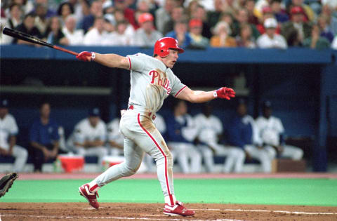 TORONTO – OCTOBER 16: Lenny Dykstra #4 of the Philadelphia Phillies hits a pitch during Game one of the 1993 World Series against the Toronto Blue Jays at Skydome on October 16, 1993 in Toronto, Ontario, Canada. The Blue Jays defeated the Phillies 8-5. (Photo by Rick Stewart/Getty Images)