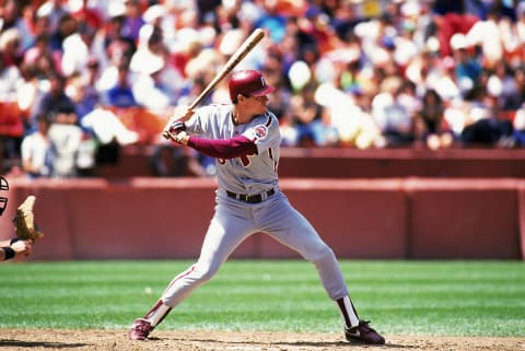 SAN FRANCISCO – 1990: Dale Murphy #3 of the Philadelphia Phillies steps into the swing during a 1990 season game against the San Francisco Giants at Candlestick Park in San Francisco, California. (Photo by Otto Greule Jr/Getty Images)