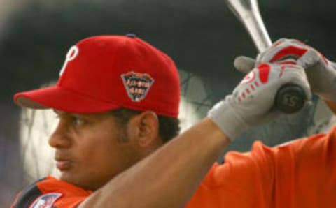 DETROIT – JULY 12: National League All-Star Bobby Abreu of the Philadelphia Phillies practices batting before the 76th Major League Baseball All-Star Game on July 12, 2005 at Comerica Park in Detroit, Michigan. (Photo by Elsa/Getty Images)