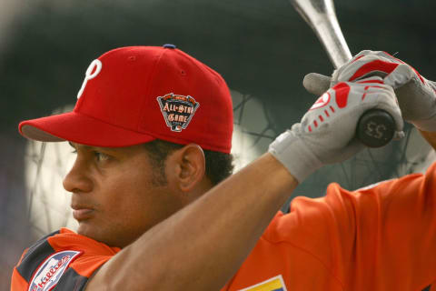 DETROIT – JULY 12: National League All-Star Bobby Abreu of the Philadelphia Phillies practices batting before the 76th Major League Baseball All-Star Game on July 12, 2005 at Comerica Park in Detroit, Michigan. (Photo by Elsa/Getty Images)