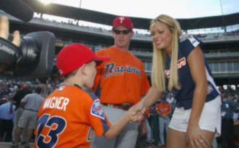 DETROIT – JULY 11: Olympic softball athlete Jennie Finch talks wih Billy Wagner of the Philadelphia Phillies and his son for “This Week In Baseball” before the start of the 76th Major League Baseball All-Star Game at Comerica Park on July 11, 2005 in Detroit, Michigan. (Photo By Christian Petersen/Getty Images)