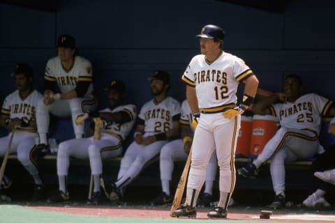 PITTSBURGH – 1990: Mike LaValliere #12 of the Pittsburgh Pirates looks on as he stands outside the on deck circle during a 1990 MLB season game at Three Rivers Stadium in Pittsburgh, Pennsylvania. (Photo by Rick Stewart/Getty Images)