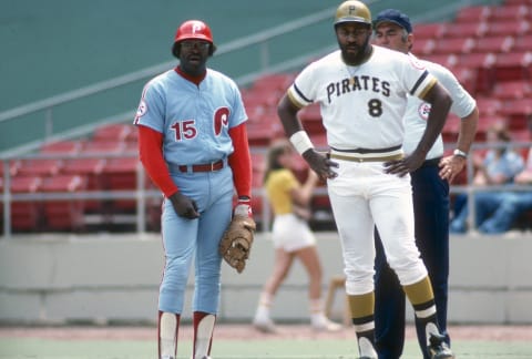 PITTSBURGH, PA – CIRCA 1976: Dick Allen #15 of the Philadelphia Phillies and Willie Stargell #8 of the Pittsburgh Pirates stand next to each other during an Major League Baseball game circa 1976 at Three Rivers Stadium in Pittsburgh, Pennsylvania. Allen played for the Phillies from 1963-69 and 1975-76. (Photo by Focus on Sport/Getty Images)