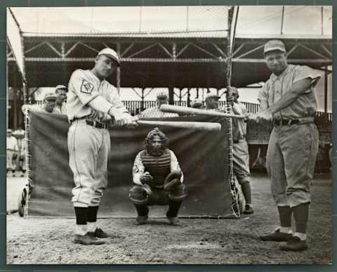 (Original Caption) Photo shows Chuck Klein (left), Philadelphia Phillies outfielder, and, Jimmy Fox (right), Philadelphia Athletics first baseman. (Photo by George Rinhart/Corbis via Getty Images)