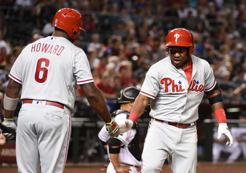 PHOENIX, AZ – JUNE 28: Maikel Franco #7 of the Philadelphia Phillies celebrates with teammate Ryan Howard #6 after hitting a solo home run during the fifth inning against the Arizona Diamondbacks at Chase Field on June 28, 2016 in Phoenix, Arizona. (Photo by Norm Hall/Getty Images)