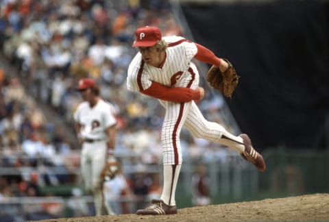 PHILADELPHIA, PA – CIRCA 1979: Ron Reed #42 of the Philadelphia Phillies pitches during an Major League Baseball game circa 1979 at Veterans Stadium in Philadelphia, Pennsylvania. Reed played for the Phillies from 1976-83. (Photo by Focus on Sport/Getty Images)