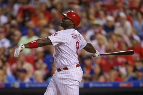 PHILADELPHIA, PA – JULY 16: Ryan Howard #6 of the Philadelphia Phillies hits a fly ball in the seventh inning during a game against the New York Mets at Citizens Bank Park on July 16, 2016 in Philadelphia, Pennsylvania. The Phillies won 4-2. (Photo by Hunter Martin/Getty Images)