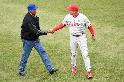 04 April 2014: Fergie Jenkins and Ryne Sandberg shaking hands prior to a MLB game pitting the Chicago Cubs against the Philadelphia Phillies at Wrigley Field’s 100th anniversary in Chicago, Il. (Photo by Warren Wimmer/Corbis via Getty Images)