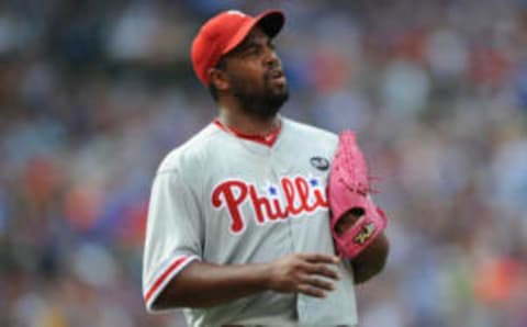 July 24, 2015: Philadelphia Phillies Starting pitcher Jerome Williams (31) [3278] in action during a game between the Philadelphia Phillies and Chicago Cubs at Wrigley Field in Chicago, IL. (Photo by Patrick Gorski/Icon Sportswire/Corbis via Getty Images)