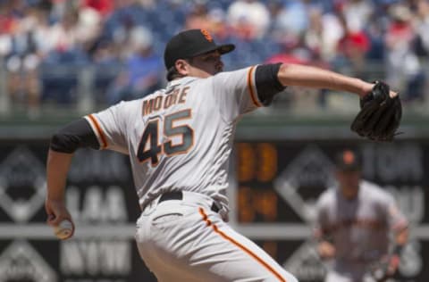 Matt Moore #45, formerly of the San Francisco Giants (Photo by Mitchell Leff/Getty Images)