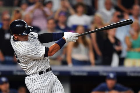 NEW YORK, NY – AUGUST 12: Alex Rodriguez #13 of the New York Yankees hits a one run double in the first inning against the Tampa Bay Rays at Yankee Stadium on August 12, 2016 in New York City. (Photo by Drew Hallowell/Getty Images)