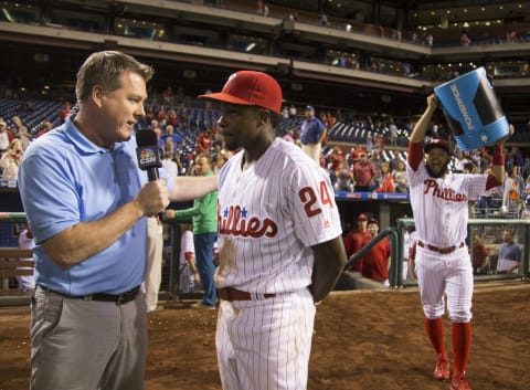 Gregg Murphy interviews Roman Quinn #24 of the Philadelphia Phillies (Photo by Mitchell Leff/Getty Images)