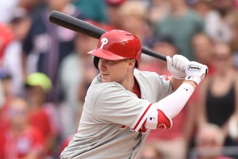 WASHINGTON, DC – SEPTEMBER 11: Cody Asche #25 of the Philadelphia Phillies prepares for a pitch during a baseball game against the Washington Nationals at Nationals Park on September 11, 2016 in Washington, DC. The Nationals won 3-2. (Photo by Mitchell Layton/Getty Images)