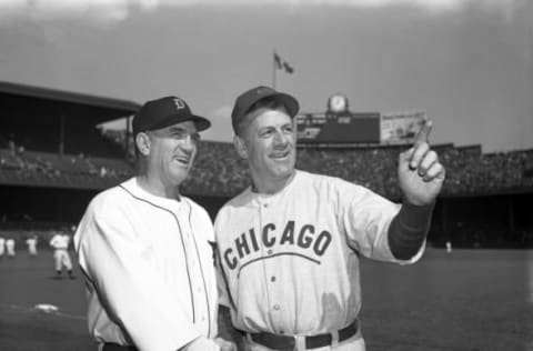 Shown at Briggs stadium just before the opening of the first game of the World Series today are, rival managers, Steve O’Neill (left) of the Detroit Tigers, and Charley Grimm, of the Chicago Cubs.