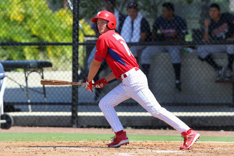 19 JUL 2016: 2016 1st overall pick in the Major League Baseball Amateur Draft Mickey Moniak of the Phillies during the Gulf Coast League (GCL) game between the GCL Braves and the GCL Phillies at the Carpenter Complex in Clearwater, Florida. (Photo by Cliff Welch/Icon Sportswire via Getty Images)