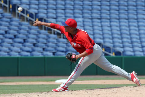 CLEARWATER, FL – OCTOBER 10: Mauricio Llovera of the FIL Phillies delivers a pitch to the plate during the Florida Instructional League (FIL) game between the FIL Blue Jays and the FIL Phillies on October 10, 2016 at Bright House Field in Clearwater, Florida. (Photo by Cliff Welch/Icon Sportswire via Getty Images)