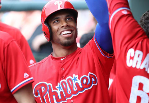 SARASOTA, FL – MARCH 13: Nick Williams #65 of the Philadelphia Phillies celebrates after hitting a solo home run during the eight inning of the Spring Training Game against the Baltimore Orioles on March 13, 2017 at Ed Smith Stadium in Sarasota, Florida. Baltimore defeated Philadelphia 6-4. (Photo by Leon Halip/Getty Images)