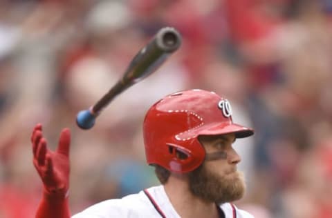 Bryce Harper #34 of the Washington Nationals hits (Photo by Mitchell Layton/Getty Images)