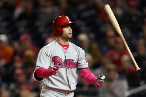 WASHINGTON, DC – MAY 13: Daniel Nava #25 of the Philadelphia Phillies tosses his bat after striking out during the ninth inning against the Washington Nationals at Nationals Park on May 13, 2017 in Washington, DC. (Photo by Patrick Smith/Getty Images)