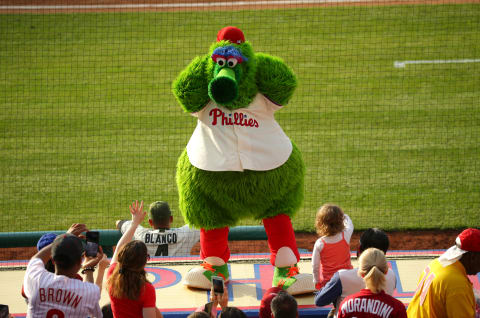 PHILADELPHIA, PA – MAY 27: The Phillie Phanatic performs during the seventh inning stretch during a game between the Philadelphia Phillies and the Cincinnati Reds at Citizens Bank Park on May 27, 2017 in Philadelphia, Pennsylvania. The Phillies won 4-3. (Photo by Hunter Martin/Getty Images)