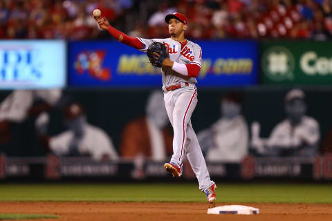 ST. LOUIS, MO – JUNE 9: Cesar Hernandez #16 of the the Philadelphia Phillies attempts to grow a runner out against the St. Louis Cardinals in the seventh inning at Busch Stadium on June 9, 2017 in St. Louis, Missouri. (Photo by Dilip Vishwanat/Getty Images)