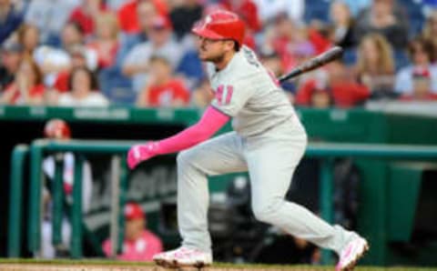 WASHINGTON, DC – MAY 14: Brock Stassi #41 of the Philadelphia Phillies bats against the Washington Nationals at Nationals Park on May 14, 2017 in Washington, DC. (Photo by G Fiume/Getty Images)