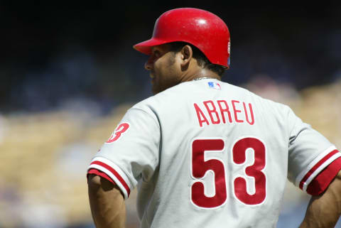 LOS ANGELES – JUNE 4: Bobby Abreu of the Philadelphia Phillies at third base during the game against the Los Angeles Dodgers at Dodger Stadium in Los Angeles, California on June 4, 2006. The Phillies defeated the Dodgers 6-4. (Photo by Robert Leiter/MLB Photos via Getty Images)