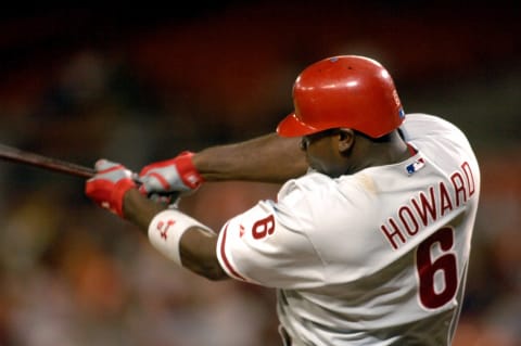 WASHINGTON – AUGUST 31: Ryan Howard #6 of the Philadelphia Phillies hits his 49th home run of the season giving him the Phillies single season record, previously held by Hall of Famer Mike Schmidt (1980), in the baseball game against the Washington Nationals on August 31, 2006 at RFK Stadium in Washington D.C. The Nationals won in 10 innings 6-5. (Photo by Mitchell Layton/Getty Images)