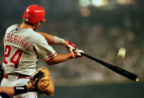 4 Apr 2000: Mike Lieberthal of the Philadelphia Phillies connects for a hit during his teams game against the Arizona Diamondbacks at Bank One Ballpark in Phoenix, Arizona. Diamondbacks won 6-4. Mandatory Credit: Donald Miralle/ALLSPORT