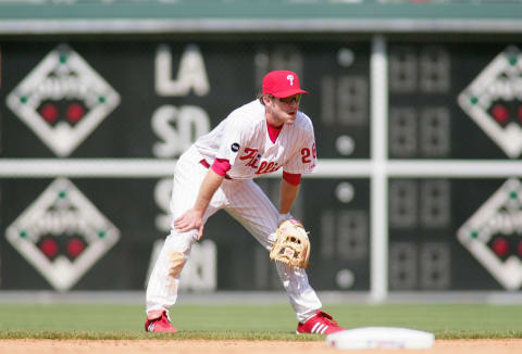 PHILADELPHIA – APRIL 29: Chase Utley #26 of the Philadelphia Phillies gets ready infield in a game against the Florida Marlins on April 29, 2007 at Citizens Bank Park in Philadelphia, Pennsylvania. The Phillies defeated the Marlins 6 to 1. (Photo by Len Redkoles/Getty Images)