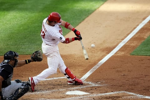 PHILADELPHIA – OCTOBER 03: Aaron Rowand #33 of the Philadelphia Phillies swings at a pitch against the Colorado Rockies during Game One of the National League Divisional Series at Citizens Bank Park on October 3, 2007 in Philadelphia, Pennsylvania. (Photo by Drew Hallowell/Getty Images)