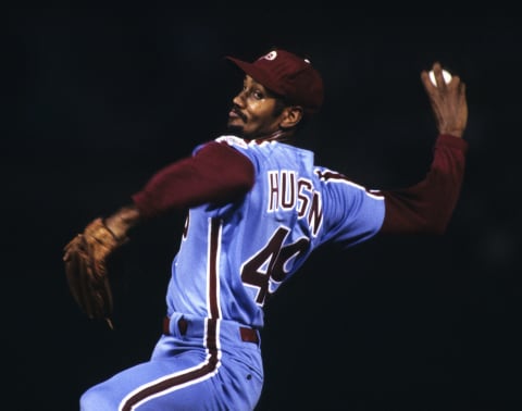 BALTIMORE, MD – OCTOBER 1983: Charles Hudson #49 of the Philadelphia Phillies pitching during Game 2 of the 1983 World Series against the Baltimore Orioles on October 12, 1983 in Baltimore, Maryland. (Photo by Ronald C. Modra/Getty Images)