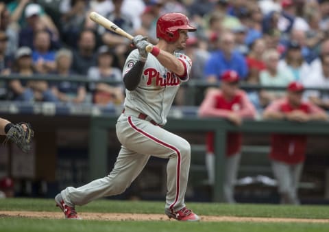 SEATTLE, WA – JUNE 28: Andrew Knapp #34 of the Philadelphia Phillies hits an RBI-single off of relief pitcher Edwin Diaz #39 of the Seattle Mariners that scored Cameron Perkins #30 of the Philadelphia Phillies during the ninth inning of an interleague game at Safeco Field on June 28, 2017 in Seattle, Washington. The Phillies won 5-4. (Photo by Stephen Brashear/Getty Images)