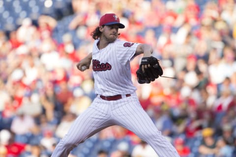 PHILADELPHIA, PA – JULY 3: Aaron Nola #27 of the Philadelphia Phillies throws a pitch in the top of the first inning against the Pittsburgh Pirates at Citizens Bank Park on July 3, 2017 in Philadelphia, Pennsylvania. (Photo by Mitchell Leff/Getty Images)