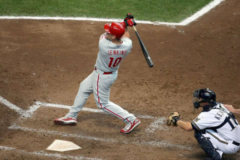 MILWAUKEE – APRIL 24: Geoff Jenkins #10 of the Philadelphia Phillies swings at a pitch during the MLB game against the Milwaukee Brewers on April 24, 2008 at Miller Park in Milwaukee, Wisconsin. (Photo by Jonathan Daniel/Getty Images)