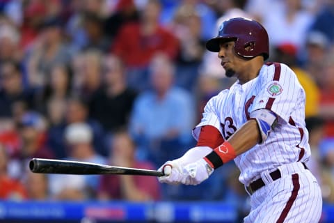 PHILADELPHIA, PA – JULY 07: Aaron Altherr #23 of the Philadelphia Phillies hits a single in the sixth inning at Citizens Bank Park on July 7, 2017 in Philadelphia, Pennsylvania. (Photo by Drew Hallowell/Getty Images)