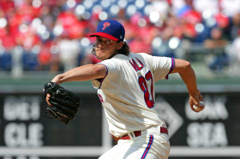 PHILADELPHIA, PA – JULY 8: Starting pitcher Aaron Nola #27 of the Philadelphia Phillies throws a pitch in the first inning during a game against the San Diego Padres at Citizens Bank Park on July 8, 2017 in Philadelphia, Pennsylvania. (Photo by Hunter Martin/Getty Images)