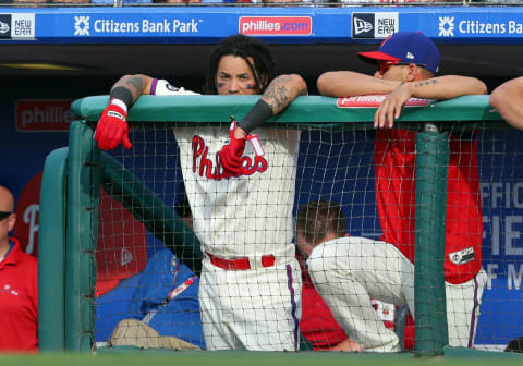 PHILADELPHIA, PA – JULY 8: Freddy Galvis #13 of the Philadelphia Phillies looks on from the dugout in the eighth inning during a game against the San Diego Padres at Citizens Bank Park on July 8, 2017 in Philadelphia, Pennsylvania. The Padres won 2-1. (Photo by Hunter Martin/Getty Images)