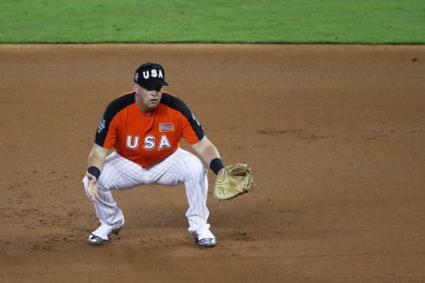 MIAMI, FL – JULY 09: Rhys Hoskins #12 of the Philadelphia Phillies and the U.S. Team looks on in the first inning against the World Team during the SiriusXM All-Star Futures Game at Marlins Park on July 9, 2017 in Miami, Florida. (Photo by Rob Carr/Getty Images)