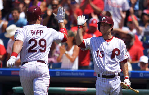 PHILADELPHIA, PA – JULY 09: Ty Kelly #15 of the Philadelphia Phillies congratulates teammate Cameron Rupp #29 on a home run in the second inning against the San Diego Padres at Citizens Bank Park on July 9, 2017 in Philadelphia, Pennsylvania. (Photo by Drew Hallowell/Getty Images)