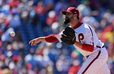 PHILADELPHIA, PA – JULY 09: Pat Neshek #17 of the Philadelphia Phillies delivers a pitch in the seventh inning against the San Diego Padres at Citizens Bank Park on July 9, 2017 in Philadelphia, Pennsylvania. The Phillies won 7-1. (Photo by Drew Hallowell/Getty Images)