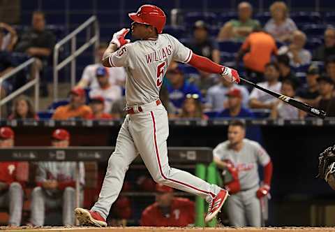 MIAMI, FL – JULY 17: Nick Williams #5 of the Philadelphia Phillies hits an RBI single in the third inning during a game against the Miami Marlins at Marlins Park on July 17, 2017 in Miami, Florida. (Photo by Mike Ehrmann/Getty Images)