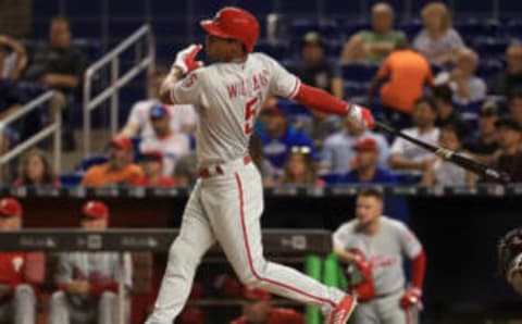 MIAMI, FL – JULY 17: Nick Williams #5 of the Philadelphia Phillies hits an RBI single in the third inning during a game against the Miami Marlins at Marlins Park on July 17, 2017 in Miami, Florida. (Photo by Mike Ehrmann/Getty Images)