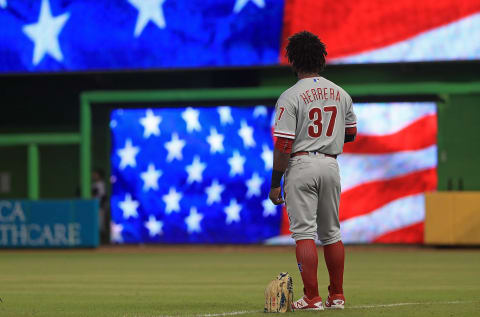 MIAMI, FL – JULY 19: Odubel Herrera #37 of the Philadelphia Phillies looks on during a game against the Miami Marlins at Marlins Park on July 19, 2017 in Miami, Florida. (Photo by Mike Ehrmann/Getty Images)