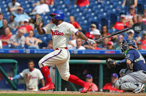 PHILADELPHIA, PA – JULY 23: Howie Kendrick #47 of the Philadelphia Phillies hits a two-run single in the fifth inning during a game against the Milwaukee Brewers at Citizens Bank Park on July 23, 2017 in Philadelphia, Pennsylvania. The Phillies won 6-3. (Photo by Hunter Martin/Getty Images)