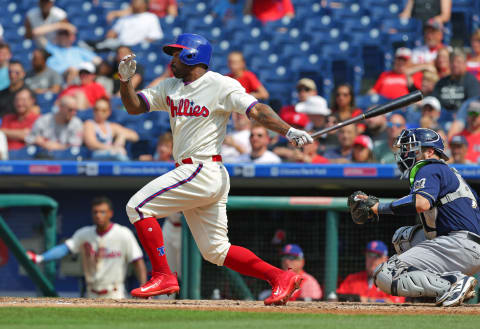 PHILADELPHIA, PA – JULY 23: Howie Kendrick #47 of the Philadelphia Phillies hits a two-run single in the fifth inning during a game against the Milwaukee Brewers at Citizens Bank Park on July 23, 2017 in Philadelphia, Pennsylvania. The Phillies won 6-3. (Photo by Hunter Martin/Getty Images)